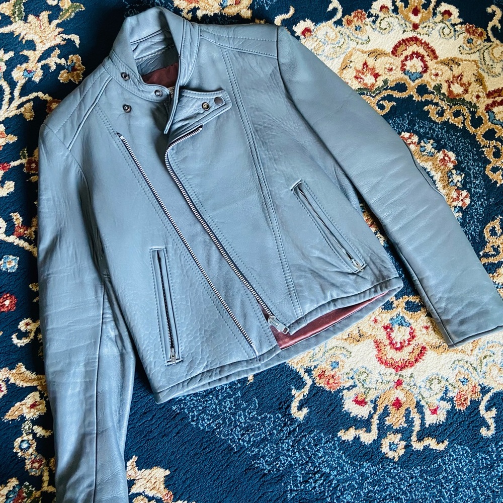 The Old Mill Grey Leather Biker Jacket - Size 38/S